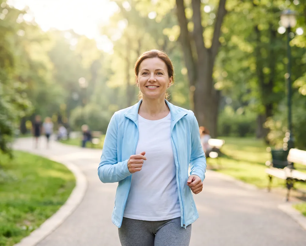 Woman walking briskly through a park in the morning