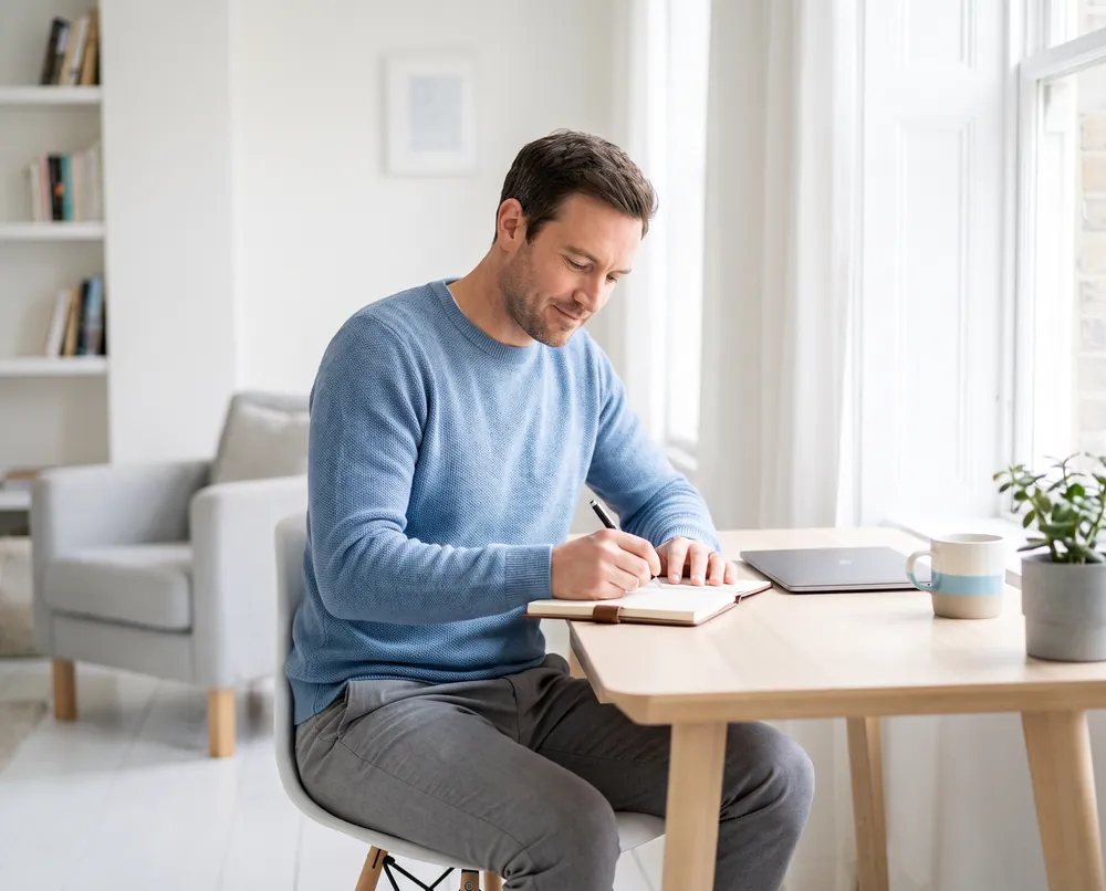 A man writing in a notebook at a tidy desk by the window