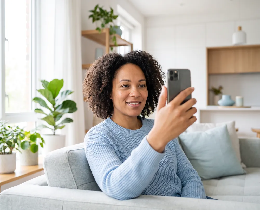 Woman on a sofa in a video consultation on her smartphone