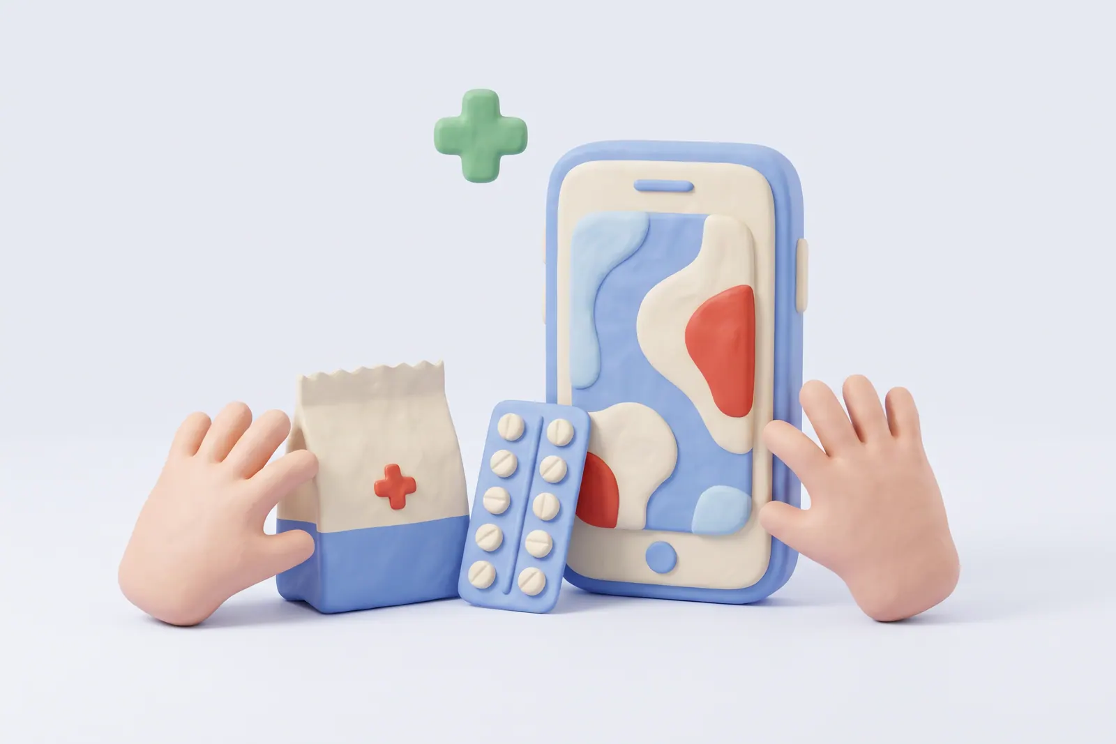 3D-фигурки из пластилина: смартфон, аптечный пакет и блистер с таблетками, над ними зелёный крест (создано ИИ)