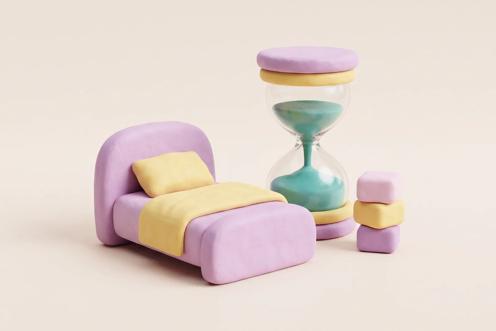 3D-фигурки из пластилина: маленькая кровать с подушкой и одеялом, рядом большие песочные часы и три кубика, сложенных друг на друга (создано ИИ)